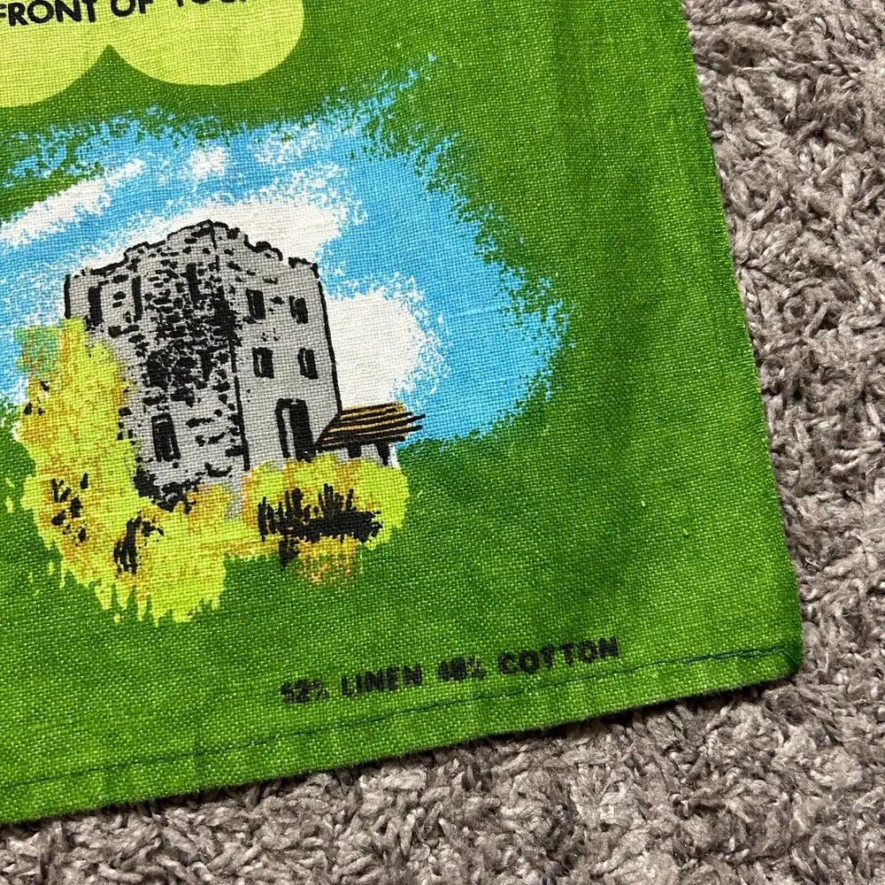 Vintage Irish Linen Wall Banner Decoration 70s 80s Green Cotton Blend 18x27 in